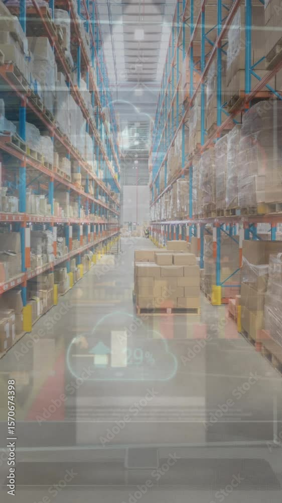 Poster animation of multiple arrow icons and clouds with increasing percentage against empty warehouse