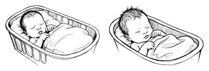 two sleeping babies in baskets sketch © Mago