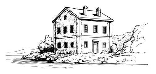 old countryside house with garden drawing