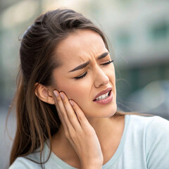 Close up of a young woman suffering from a strong toothache, touching her cheek with her hand, showing 