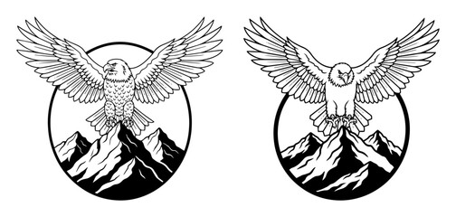 flying owl mountain badge line art illustration
