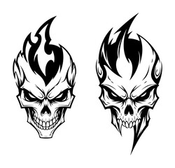dual flaming skull heads line art illustration