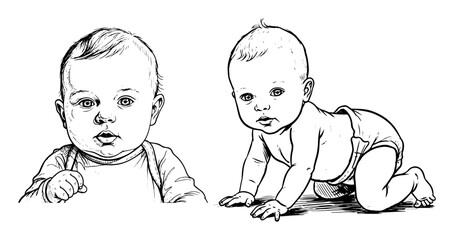 baby portraits sitting and crawling line art illustration
