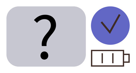 Large black question mark on grey rectangle, purple circle with a black tick, and battery icon. Ideal for problem-solving, decision-making, priorities, planning, goal-setting, progress potential