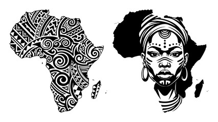 africa tribal pattern map with woman portrait line art illustration