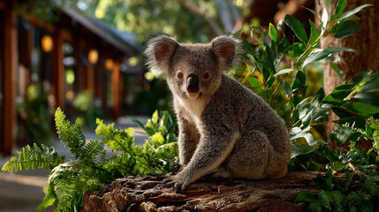 Fototapeta premium A koala peeks out from behind the leaves of an eucalyptus tree