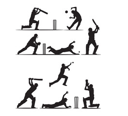 Collection of black silhouettes of cricket players in action on white background