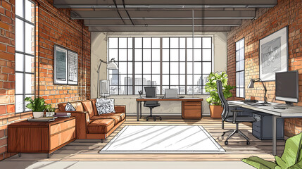modern loft office interior with furniture