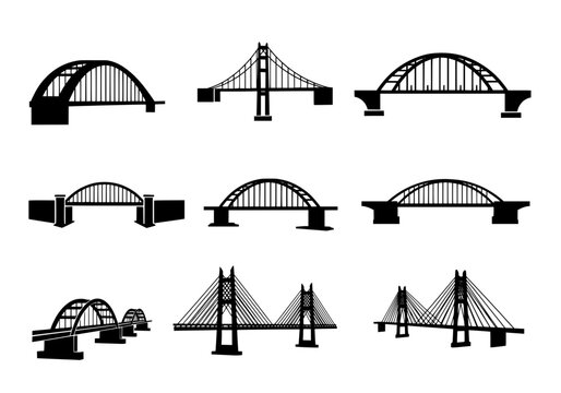 Vector silhouette of collection of diverse bridge silhouettes isolated on a white background