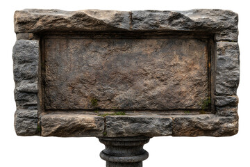 Ancient stone monument with blank rectangular plaque and weathered texture isolated on transparent background