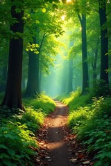 Obraz premium Winding Forest Path Sun-Dappled Sunlight Illuminates Lush Spring Greenery, Perfect for Nature, Travel, and Adventure Stock Photos