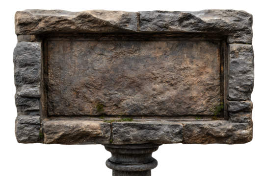Ancient stone monument with blank rectangular plaque and weathered texture isolated on transparent background