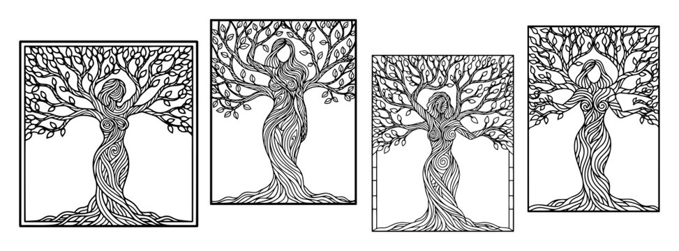 mother nature tree of life woman figure set vector