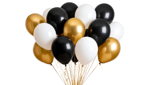 A Elegant black gold and white balloons bunch festive party decor isolated on transparent background .