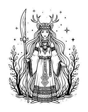 deer-horned woman holding spear clip art preview