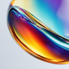 Extreme close-up of a single water droplet on a white background, filled with vibrant, iridescent ultrasonic colors deep blues, electric purples, fiery reds, neon greens, and radiant yellows mimicking