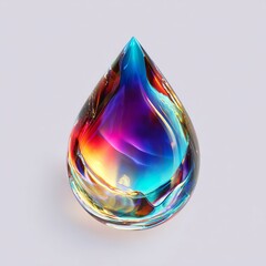 Extreme close-up of a single water droplet on a white background, filled with vibrant, iridescent ultrasonic colors deep blues, electric purples, fiery reds, neon greens, and radiant yellows mimicking