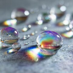 Extreme close-up of crystal-clear water droplets on a smooth glass surface, shot in ultra-high-definition (8K), with sharp reflections and refractions. The droplets are perfectly round and show micro-