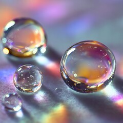 Extreme close-up of crystal-clear water droplets on a smooth glass surface, shot in ultra-high-definition (8K), with sharp reflections and refractions. The droplets are perfectly round and show micro-