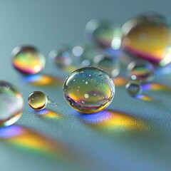 Extreme close-up of crystal-clear water droplets on a smooth glass surface, shot in ultra-high-definition (8K), with sharp reflections and refractions. The droplets are perfectly round and show micro-