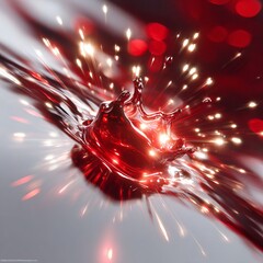 Extreme close-up of a single water droplet exploding with intense red energy, resembling molten lava or liquid fire. The droplet glows with vibrant scarlet, crimson, and cherry hues. 
