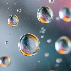 Extreme close-up of crystal-clear water droplets on a smooth glass surface, shot in ultra-high-definition (8K), with sharp reflections and refractions. The droplets are perfectly round and show micro-
