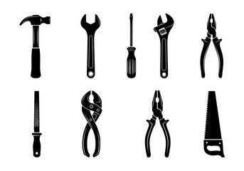 Vector silhouette of collection of essential hand tools isolated on white background