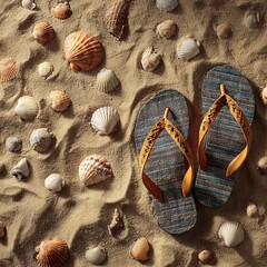 Flip flops and seashells on warm golden sand 