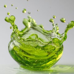 High-detail macro image of a glowing green water droplet, bursting outward with neon lime, emerald, and glowing mint tones. The drop looks like it contains pure life energy or liquid nature. 