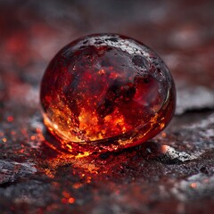 High-detail macro image of a molten red droplet sizzling on a slightly rusted iron surface. The droplet glows with scarlet and cherry tones, radiating heat and energy. 