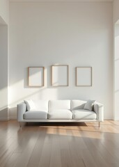 A white couch sits in a living room with three empty frames on the wallgenerative ai image Empty room interior design architecture blank design room striking structures clean lines geometric s