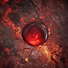 High-detail macro image of a molten red droplet sizzling on a slightly rusted iron surface. The droplet glows with scarlet and cherry tones, radiating heat and energy. 