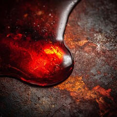 High-detail macro image of a molten red droplet sizzling on a slightly rusted iron surface. The droplet glows with scarlet and cherry tones, radiating heat and energy. 