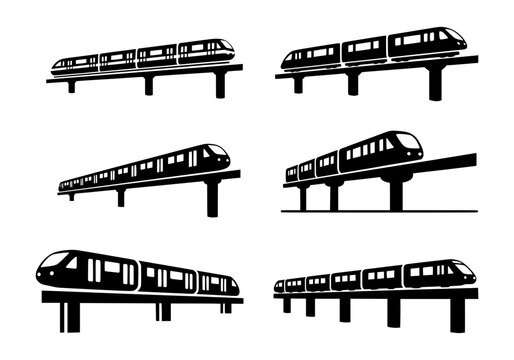 Vector silhouette of collection of modern monorail train silhouettes isolated on white background