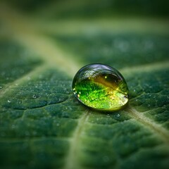 Macro shot of a radiant green water droplet resting on the veiny surface of a tropical leaf. The droplet reflects vibrant shades of neon green and emerald, magnifying the texture beneath. 