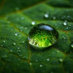 Macro shot of a radiant green water droplet resting on the veiny surface of a tropical leaf. The droplet reflects vibrant shades of neon green and emerald, magnifying the texture beneath. 