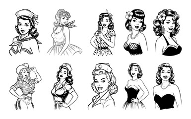 retro pinup girls portraits and characters vector set