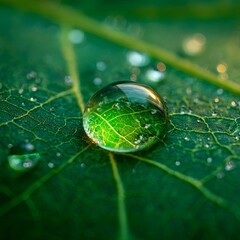 Macro shot of a radiant green water droplet resting on the veiny surface of a tropical leaf. The droplet reflects vibrant shades of neon green and emerald, magnifying the texture beneath. 