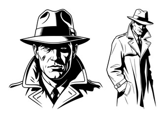 noir detective spy character vector illustration set
