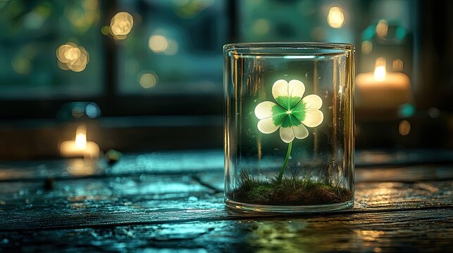 a magical glowing white 4-leaf clover enclosed and contained within a cylindrical glass vase sitting on a wooden table, fantasy setting, dungeons and dragons