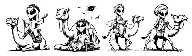 funny cartoon aliens with camels in the desert vector set