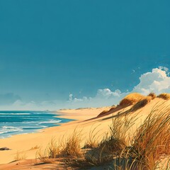 Sand dunes meeting a calm blue ocean under the sun