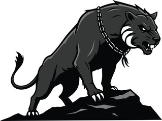 An aggressive black panther vector mascot illustration, standing powerfully on a rock with chains. Ideal for sports teams, branding, logos, and fierce animal themes.