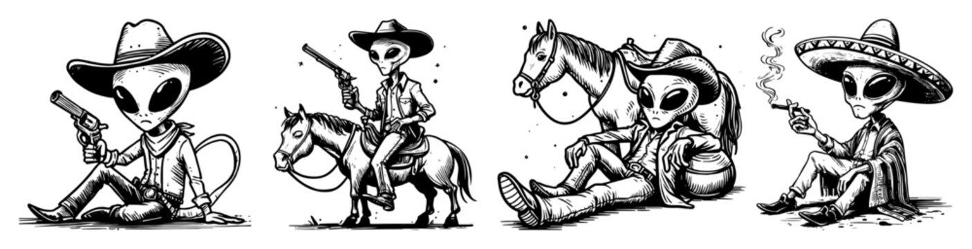 funny cartoon alien cowboy and mexican vector set