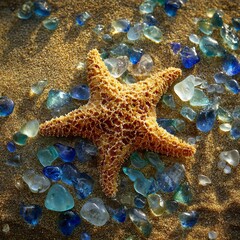 Starfish and sea glass glistening in the sand