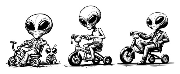 funny cartoon aliens riding tricycles vector set