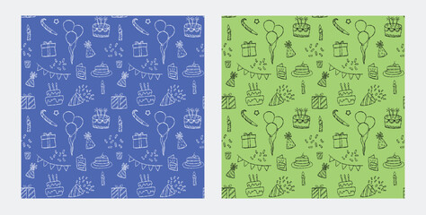abstract birthday party background concept with hand drawn doodle seamless pattern, funny birthday celebration bg wallpaper.