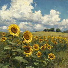 Sunflowers swaying in a summer breeze 