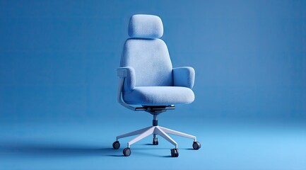 A light blue, plush office chair with a headrest sits on a matching blue background. It has a white base and five caster wheels