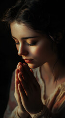 Contemplative woman in prayer with soft lighting portrait spiritual mood